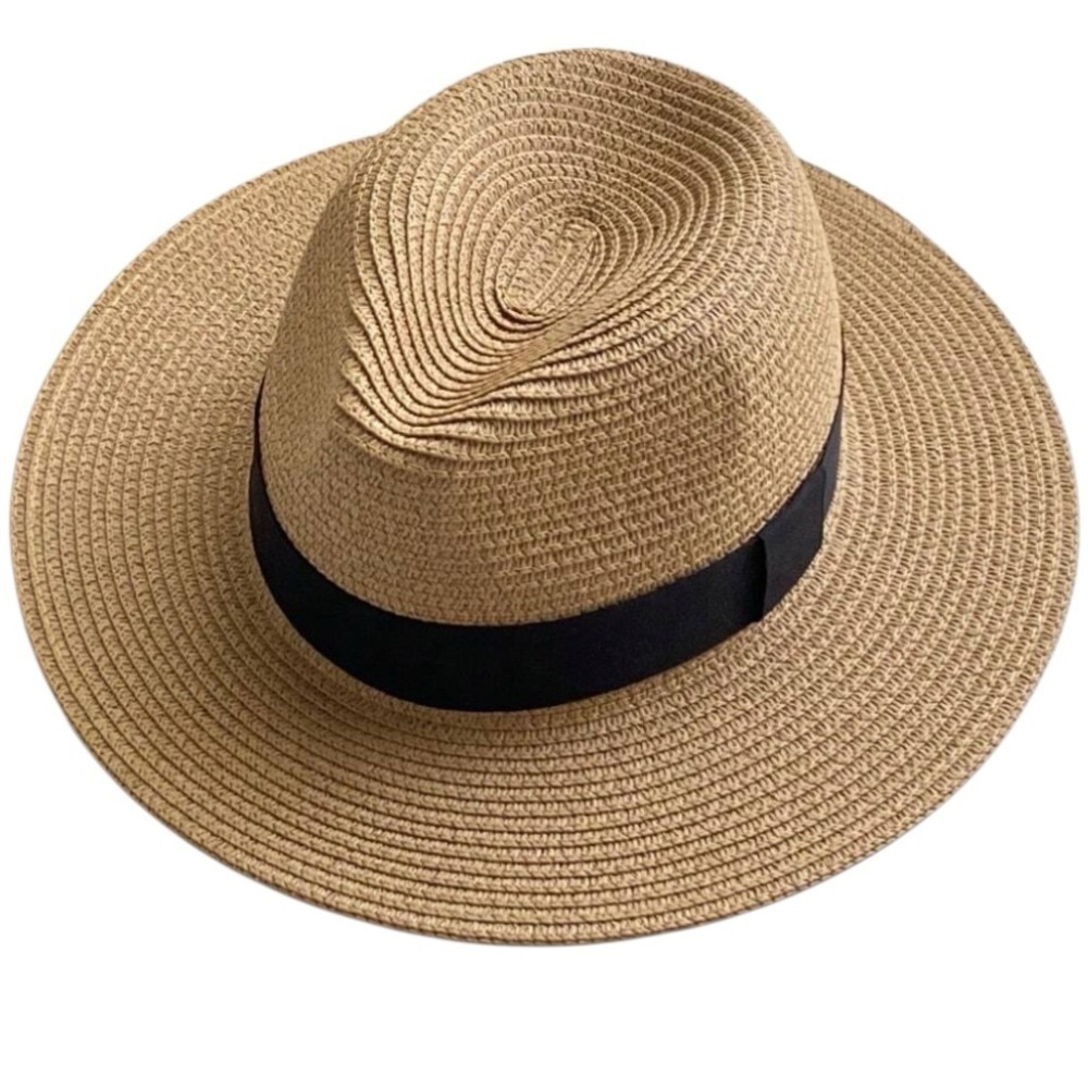 Straw Sun Hat Tan Fedora with Black Sash New with Tags One Size Adjustable Band - Picture 5 of 15